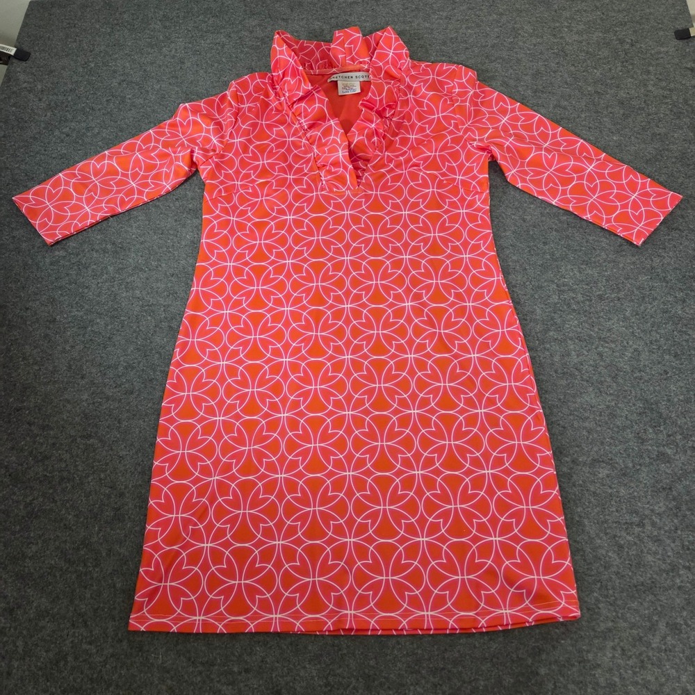 Gretchen Scott Ruffle Neck Dress M Arabesque Pink Orange 3/4 Sleeve Stretch